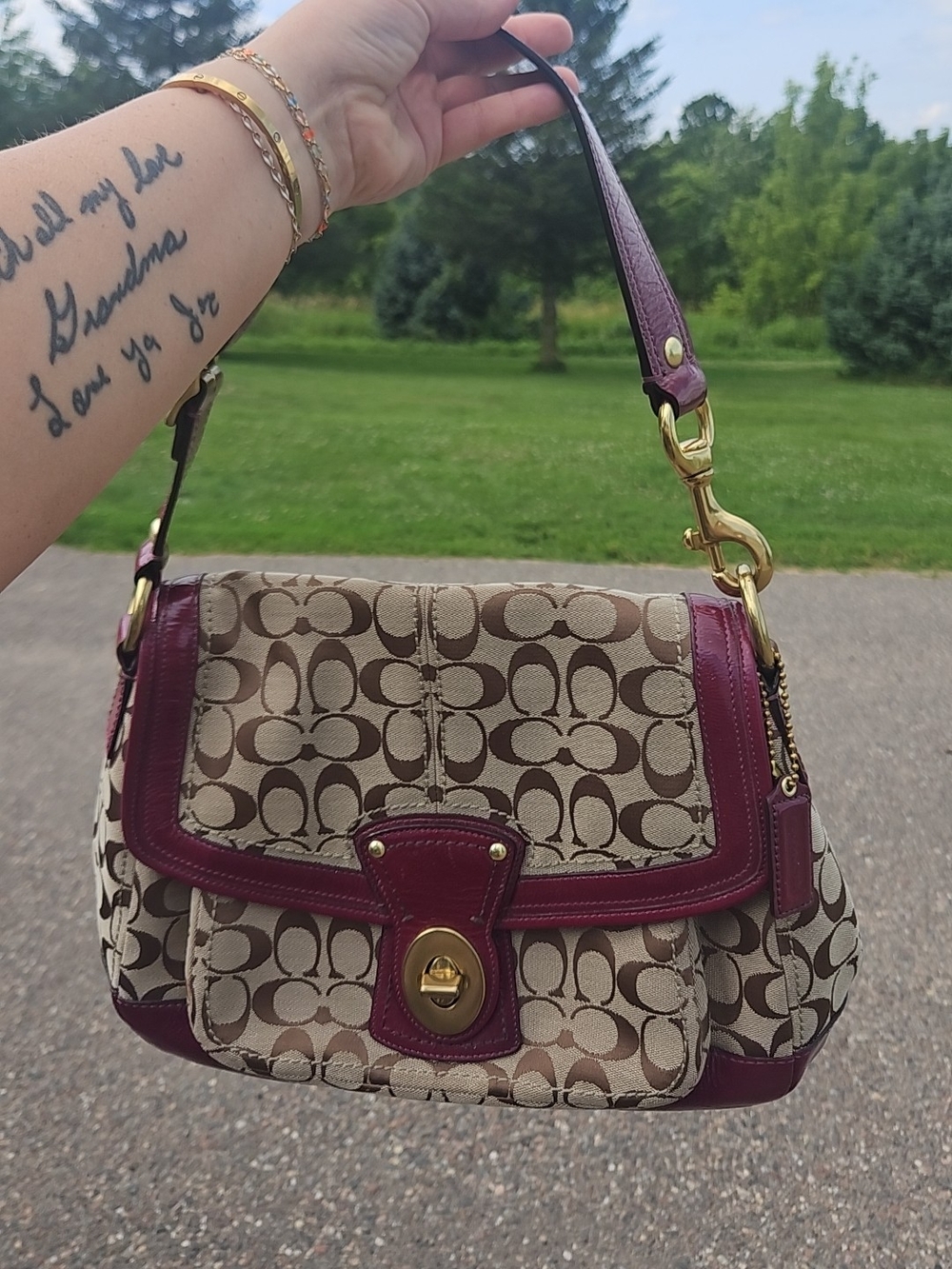 Coach Y2K Ali Legacy Signature Canvas Shoulder Bag with Burgundy Trim
